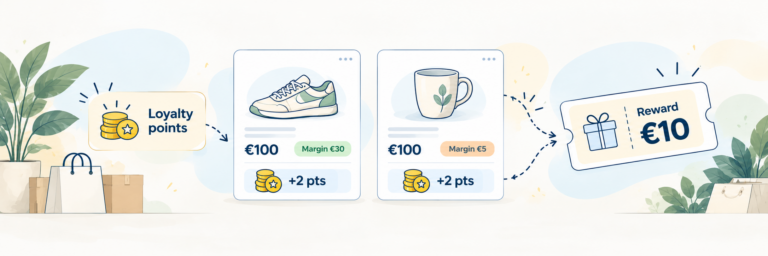 Illustration showing how loyalty points work in PrestaShop: two €100 products with different margins both earn +2 points, leading to a €10 reward.