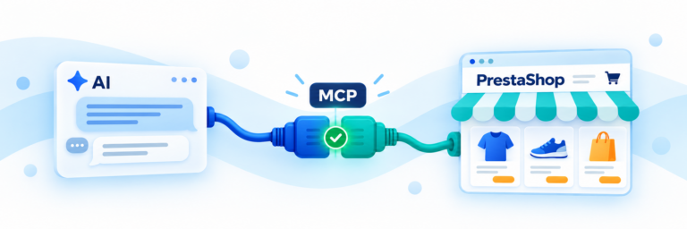 Illustration showing an AI application connected to a PrestaShop store through an MCP server.