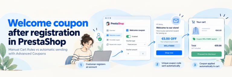 PrestaShop welcome coupon automatically sent after customer registration, with a unique discount code emailed and applied to the shopping cart.